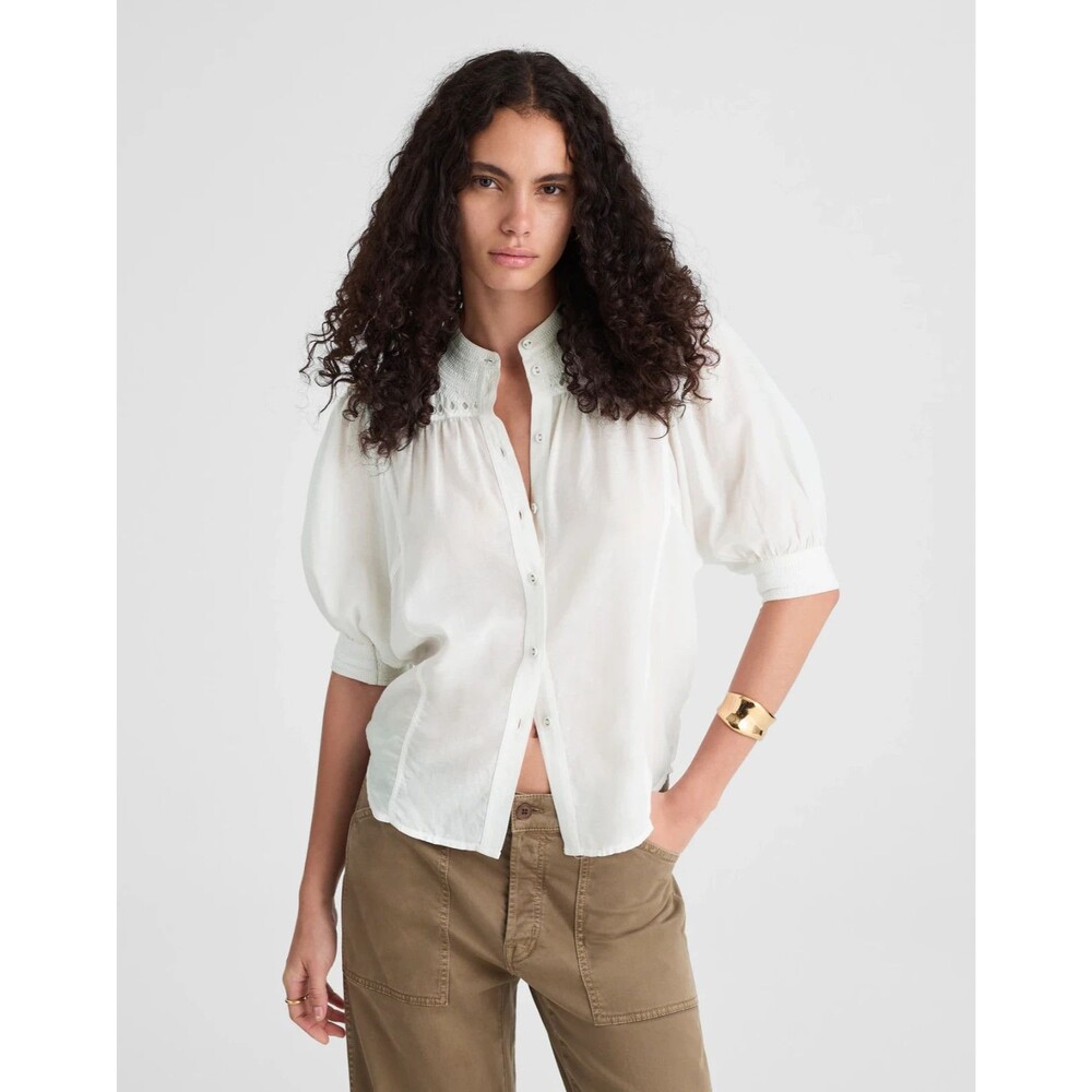 MADEWELL Puff-Sleeve Band Collar Shirt 4 White Button-Up Embroidered NWT B22